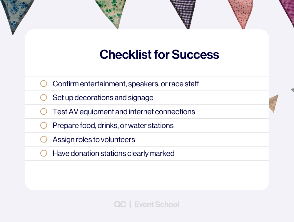 Infographic showing how to organize a charity event with a checklist for success, including tasks like confirming entertainment, setting up decorations, testing AV equipment, assigning volunteers, and marking donation stations.