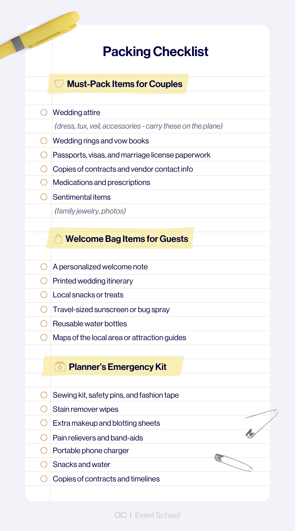 Destination wedding packing checklist for couples, guests, and planners, ideal for learning how to plan a destination wedding on a small budget with organized essentials.