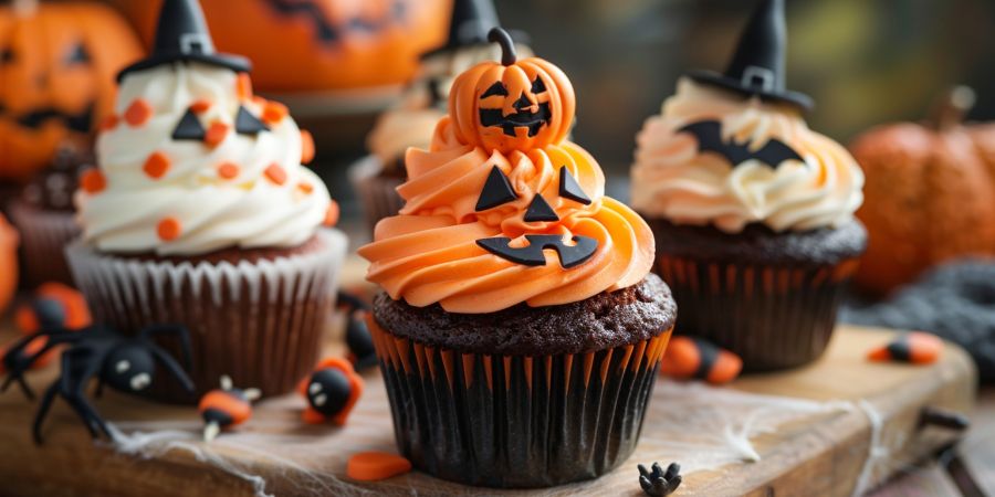 Halloween food ideas with festive cupcakes decorated with pumpkins, bats, and witch hats for a spooky party dessert table.