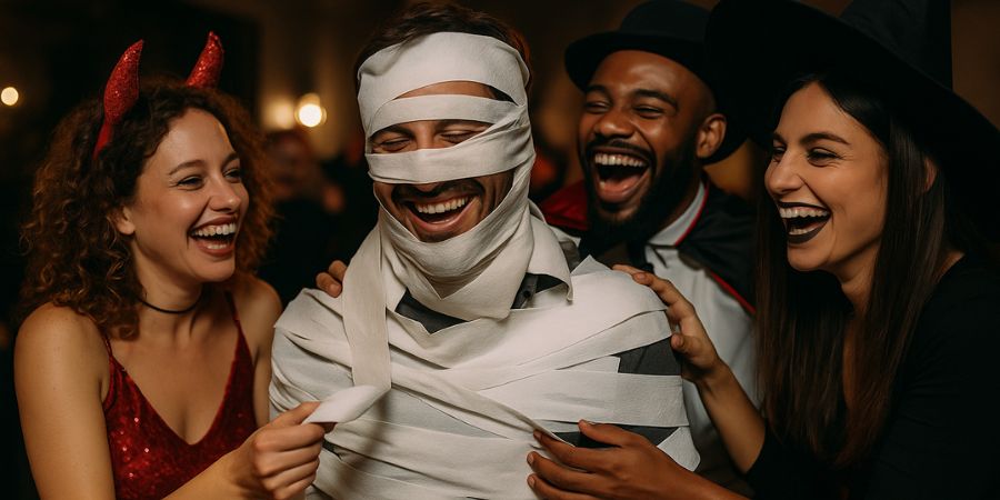 Halloween party games with adult friends laughing as they wrap a man in toilet paper to create a mummy costume.