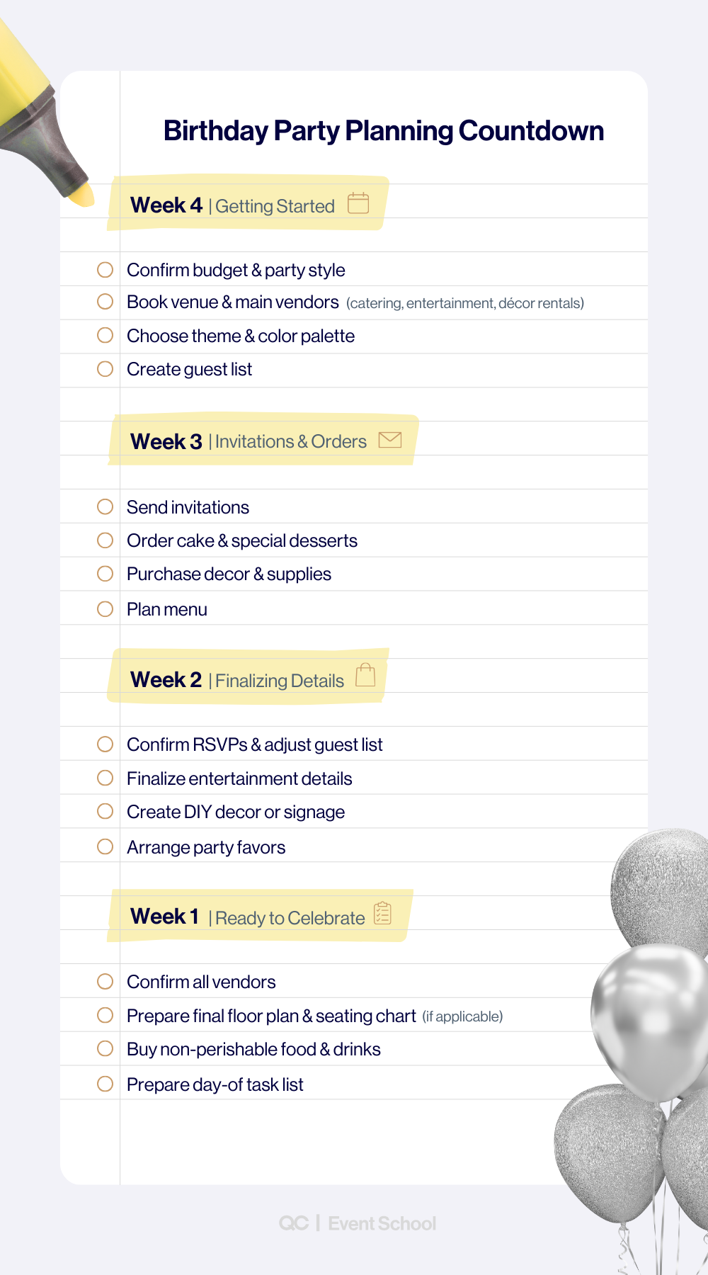 Infographic showing a 4-week checklist on how to plan a birthday party, including budget, guest list, invitations, entertainment, decor, and final preparations.