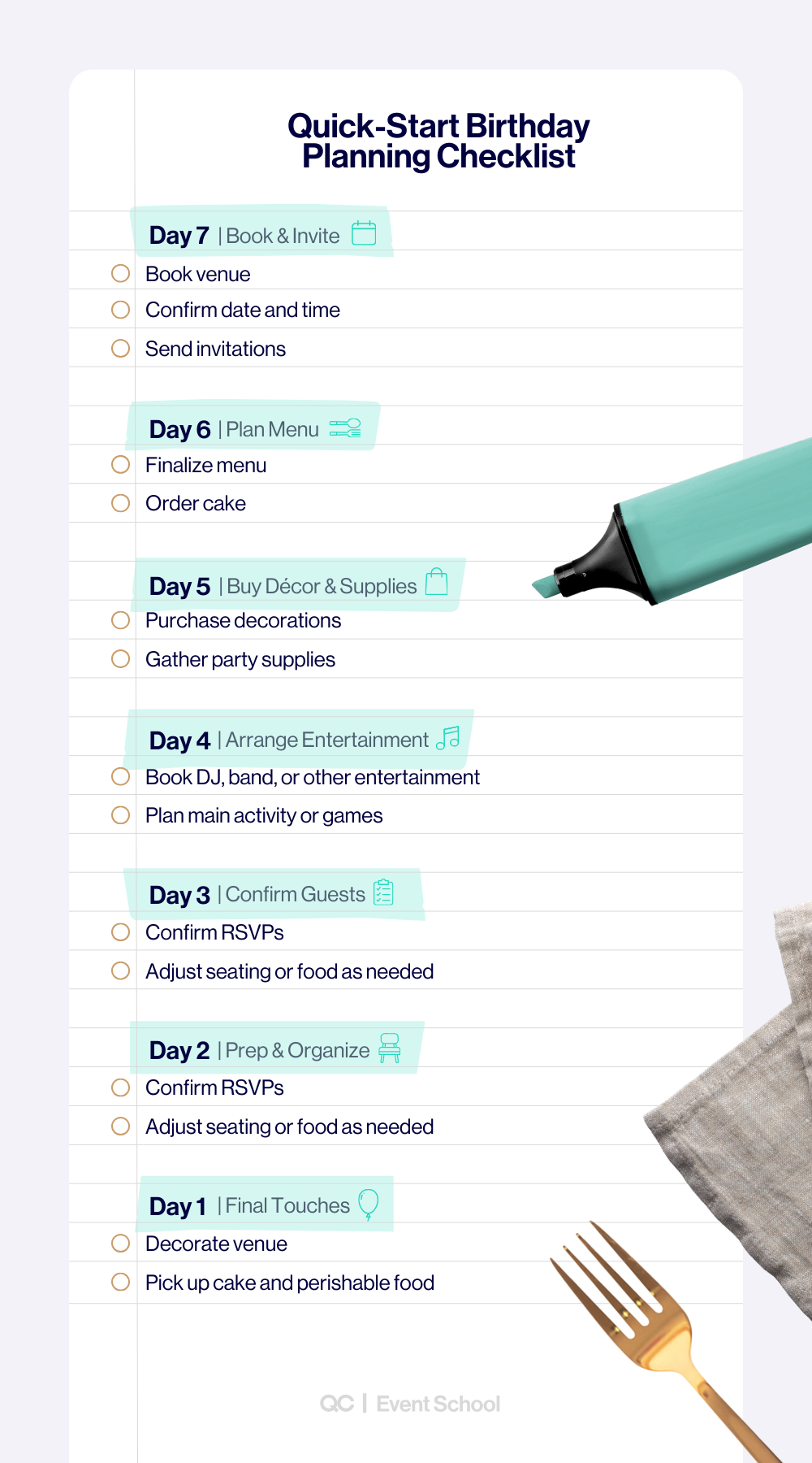 Infographic with a 7-day quick-start checklist on how to plan a birthday party, including booking a venue, sending invitations, finalizing the menu, buying decorations, arranging entertainment, confirming guests, and adding final touches.