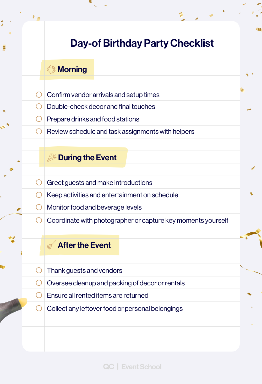 Infographic with a detailed day-of checklist on how to plan a birthday party, including morning setup, managing activities during the event, and after-party cleanup tasks.