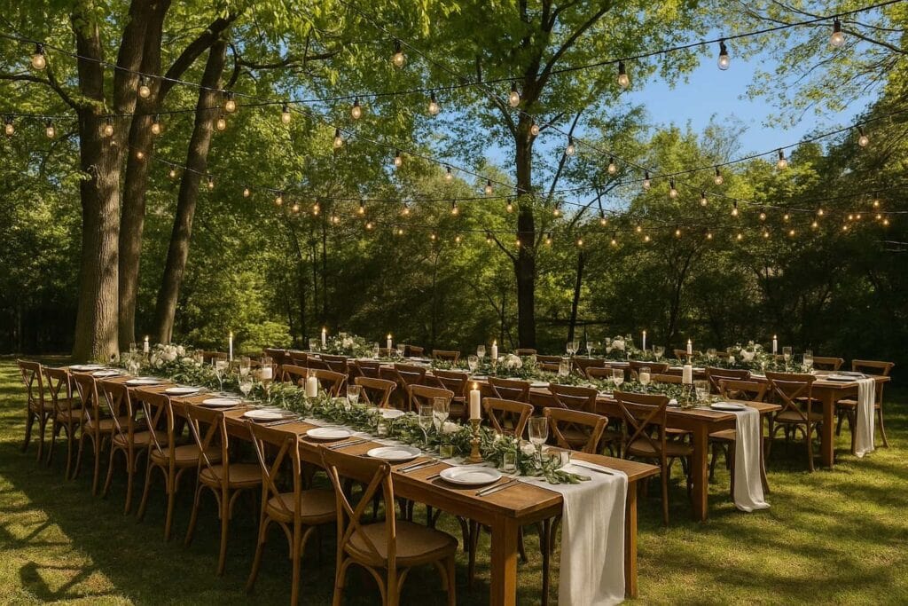 Three long, wooden tables lined with wooden chairs sit under bistro lights strung from trees for an outdoor reception
