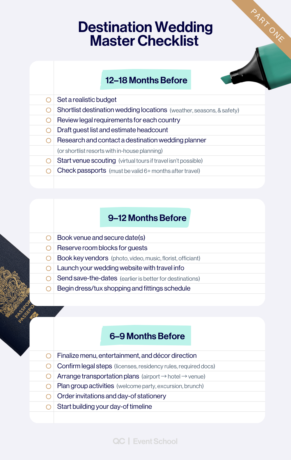 Step-by-step destination wedding master checklist for 12–18 months before the big day, ideal for couples researching destination wedding locations and how to plan a destination wedding on a small budget.