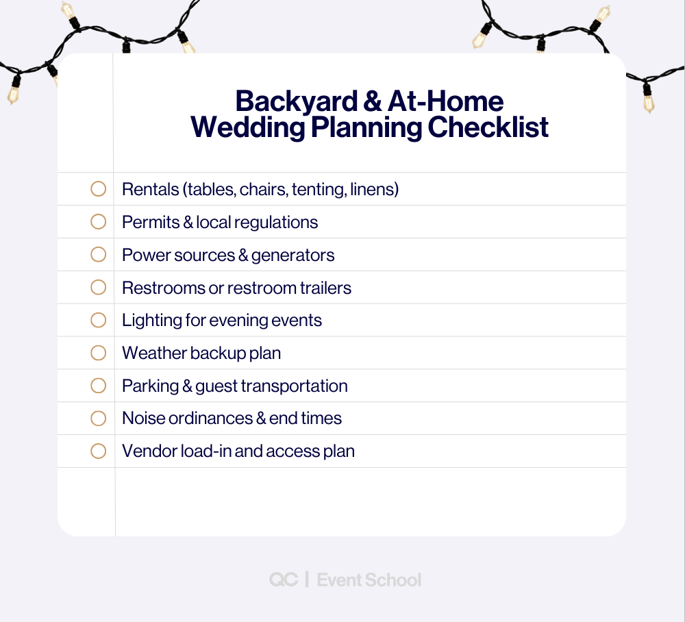 Backyard and at-home wedding planning checklist infographic covering rentals, permits, lighting, and guest logistics