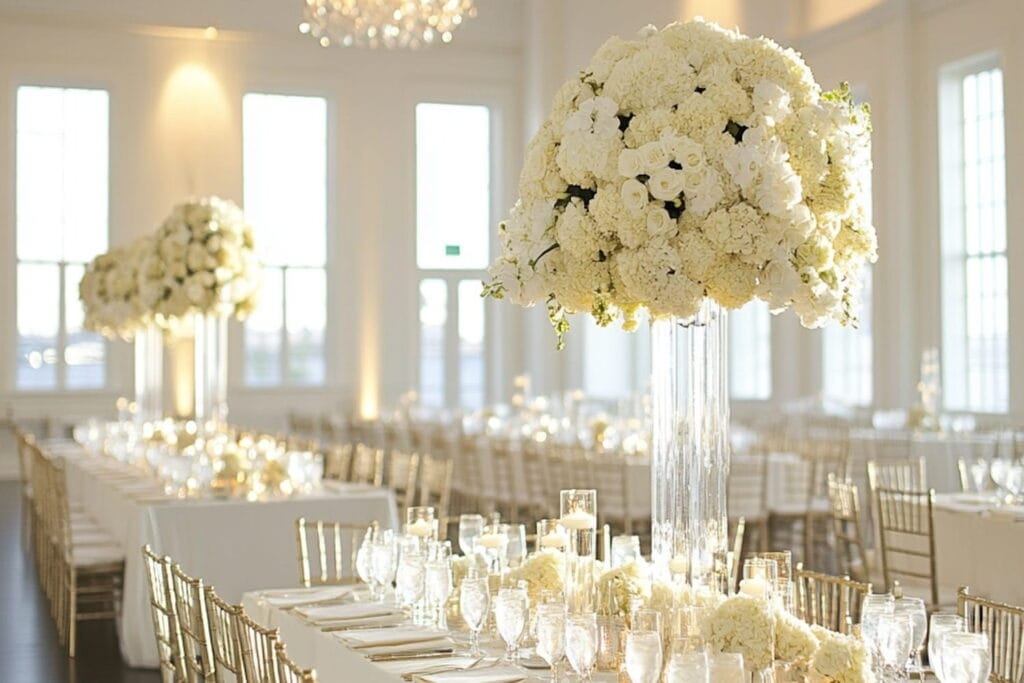 Large windows surround an all-white reception space decorated with long banquet tables draped in white tablecloths with gold chairs