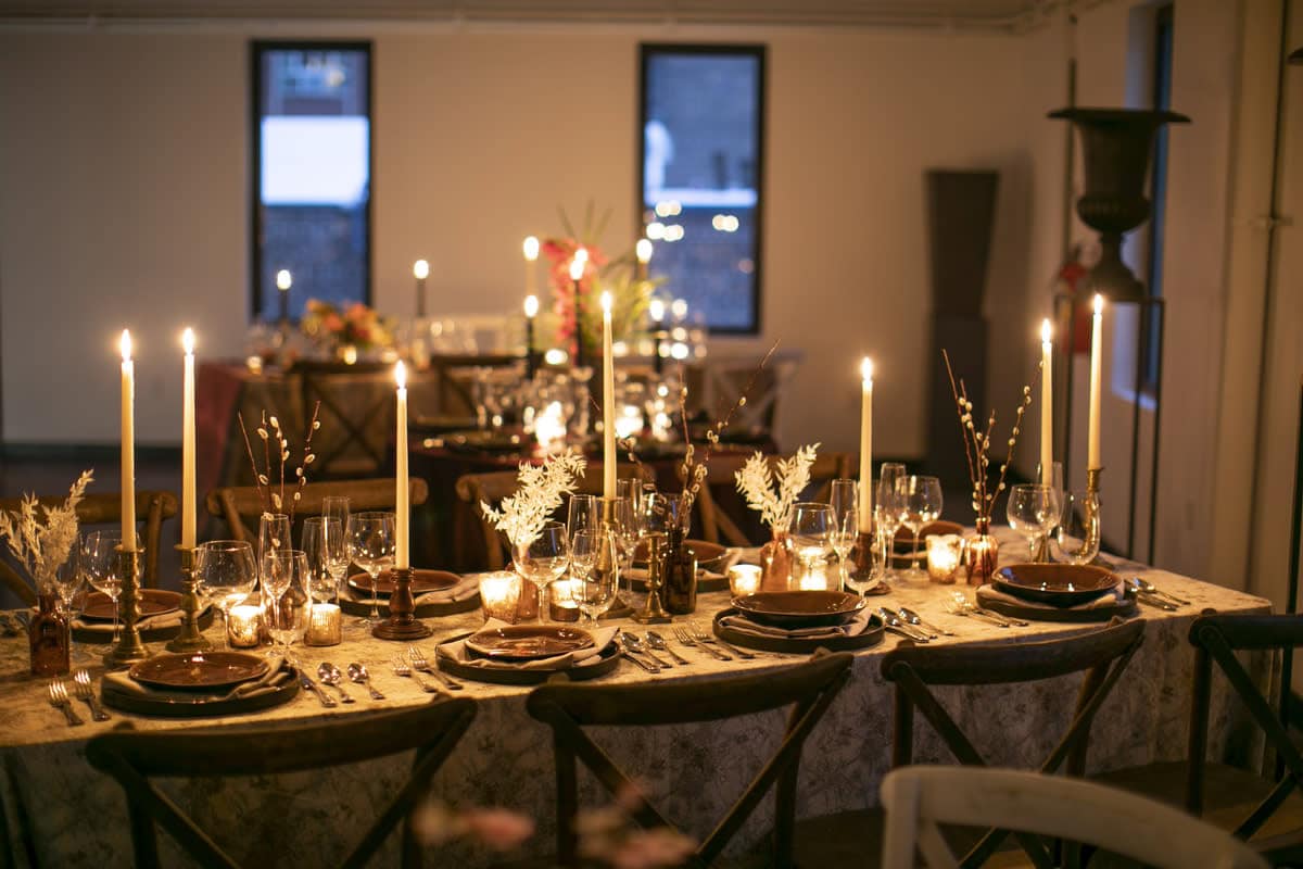 Candlelit wedding reception table setting with personalized details for a Phoenix wedding dinner