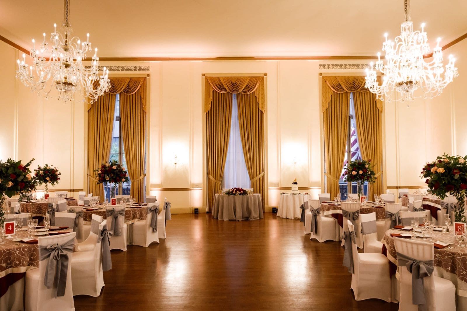 Grand ballroom wedding reception venue with chandeliers in downtown Boston