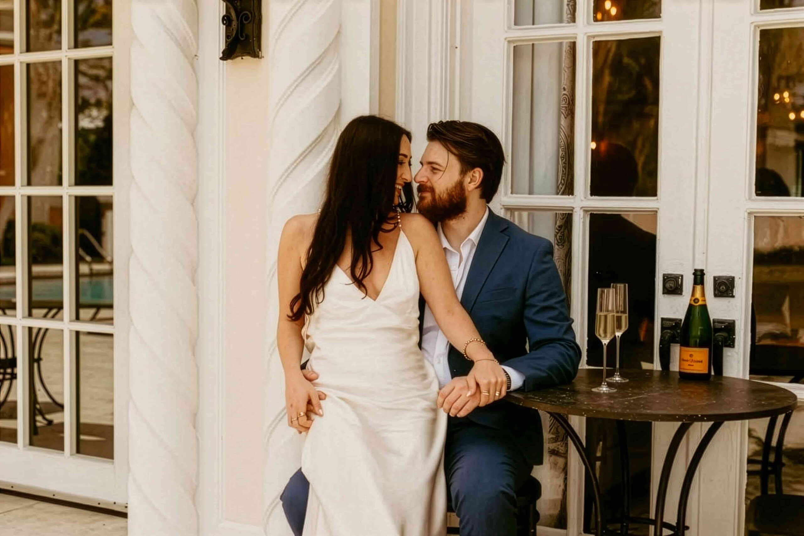 Couple enjoys an intimate champagne toast at a sophisticated Las Vegas party venue