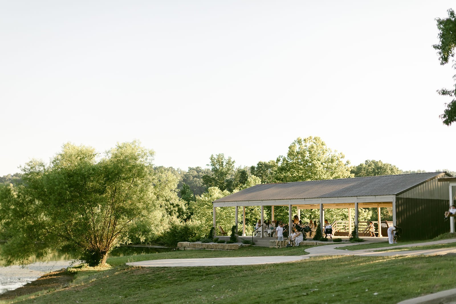 Modern pavilion wedding venue with pond in a North Carolina pastoral setting