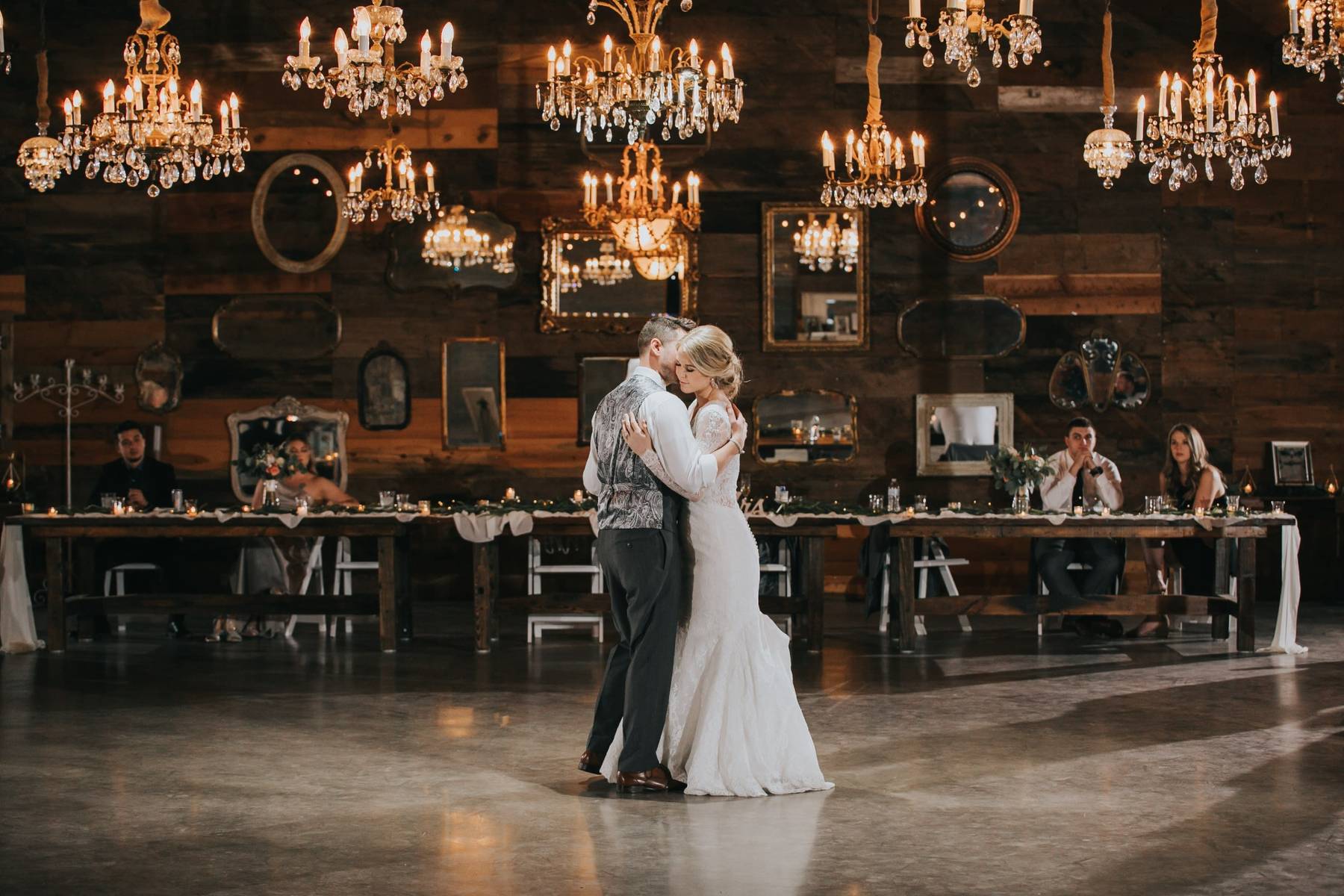 Bride and groom dancing at sophisticated indoor Cincinnati wedding reception