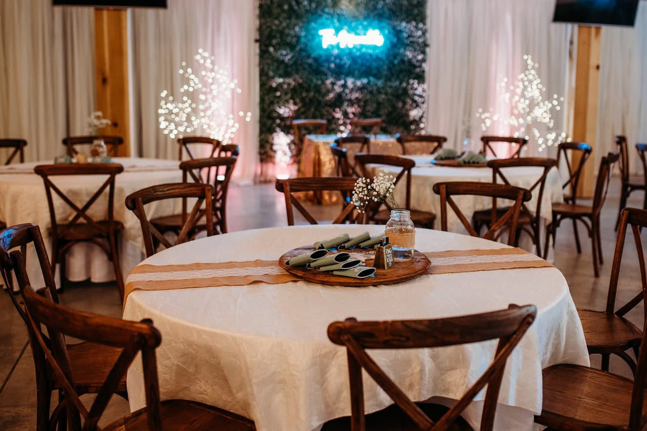 Elegant bridal suite setup with neon sign for Omaha wedding preparation