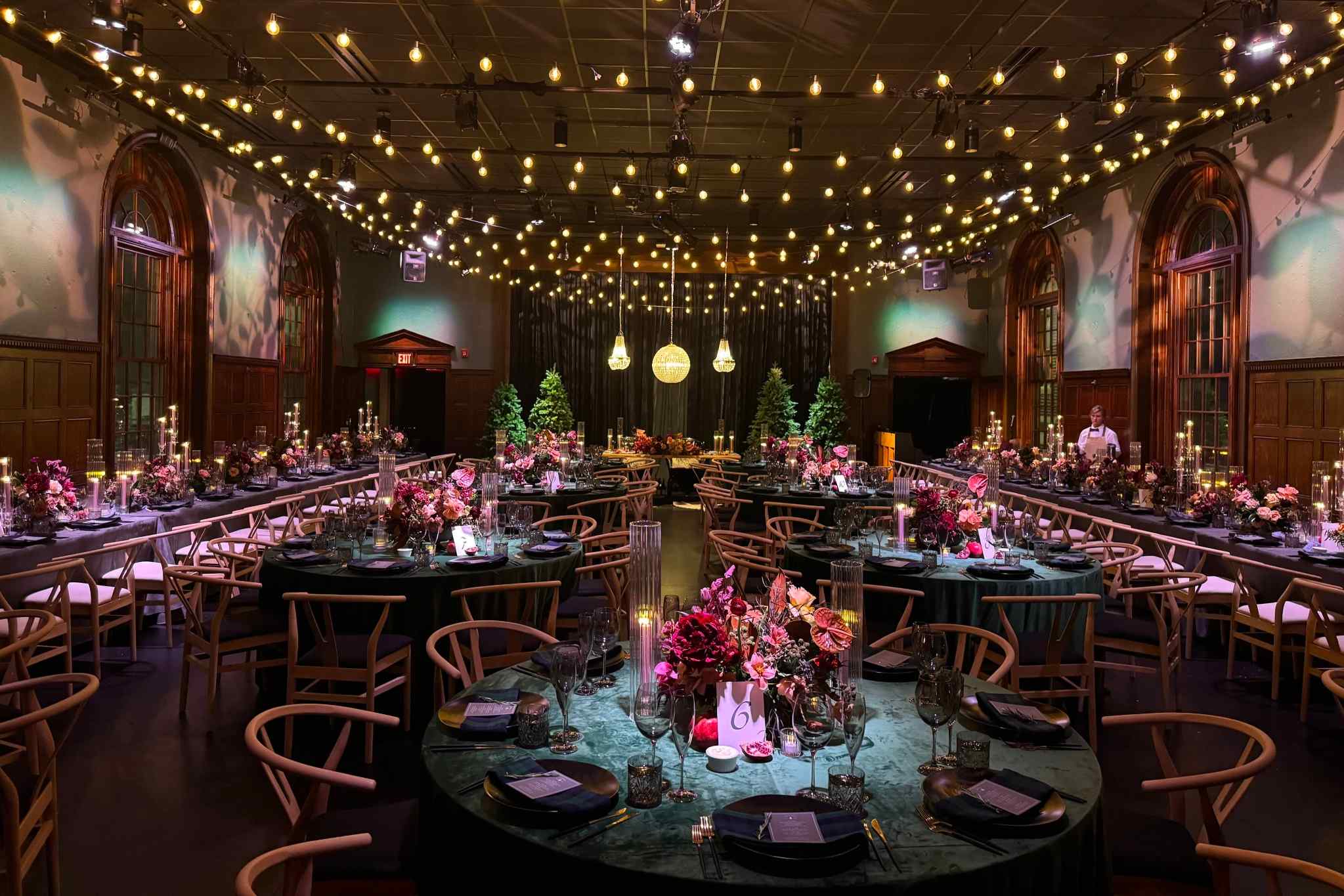 Luxurious ballroom wedding reception setup with pendant lighting in Baltimore
