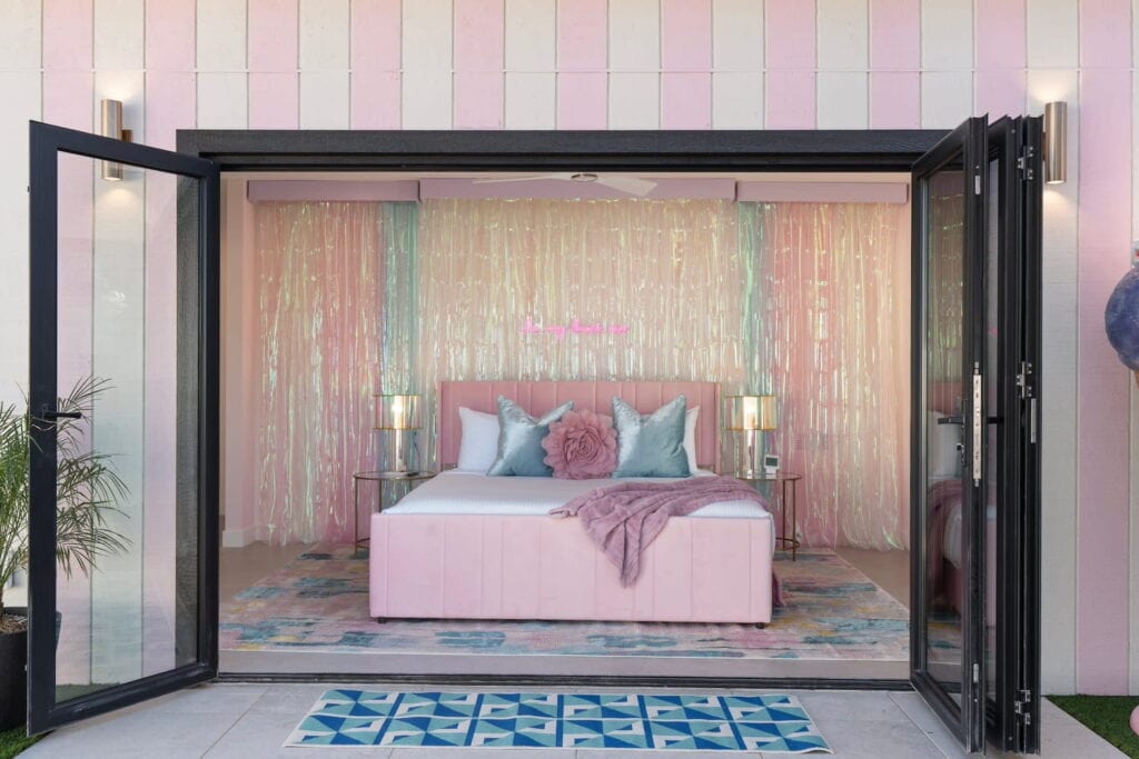 External photo of an all-pink master bedroom at a bachelorette party pad in Phoenix