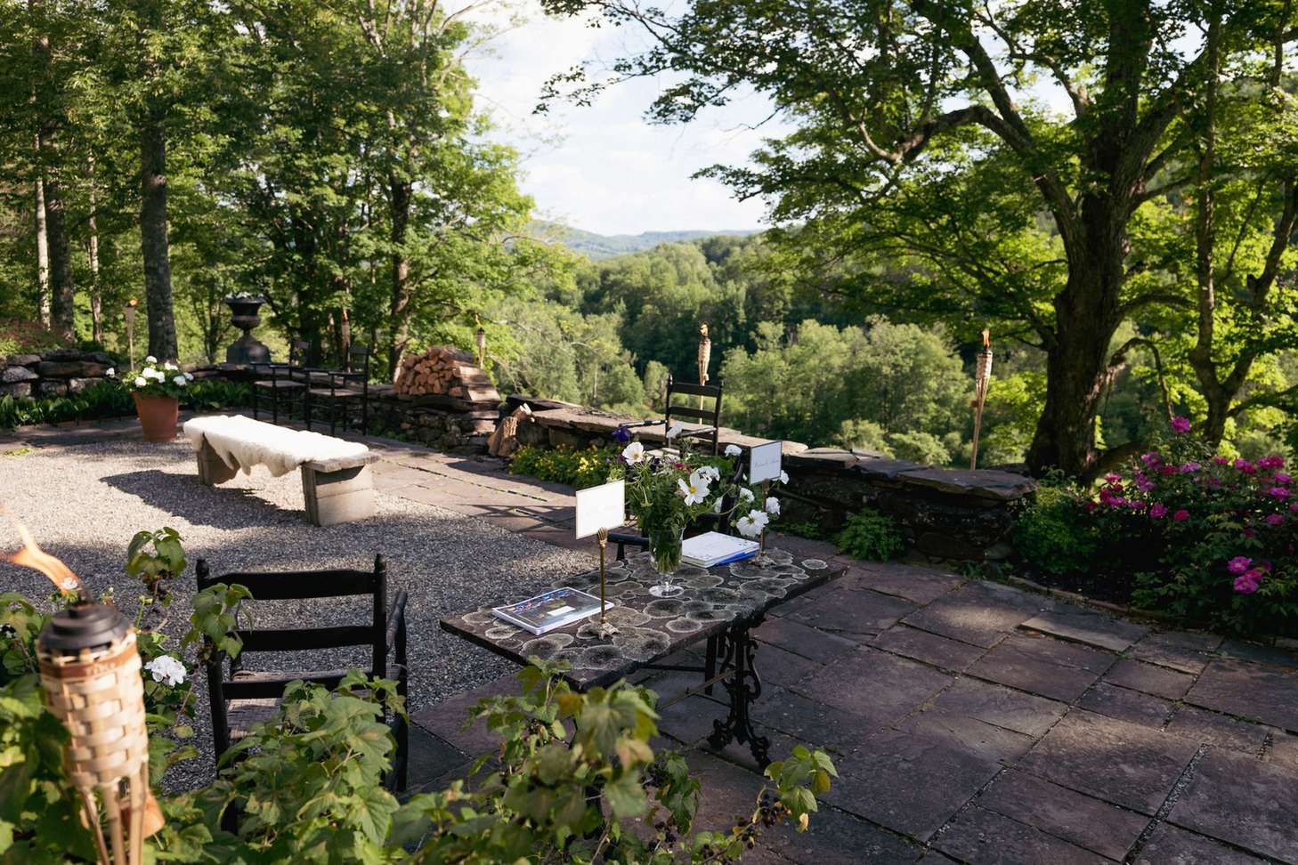 Serene woodland garden overlook perfect for intimate New Hampshire weddings